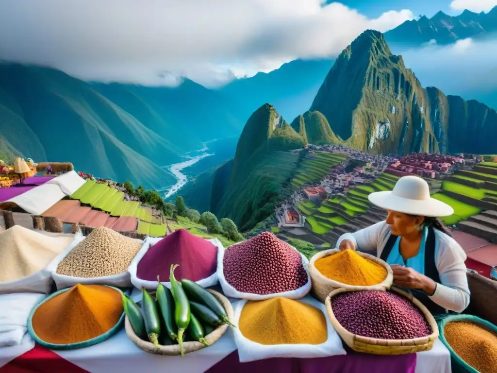 Mercado peruano vibrante con ingredientes autóctonos y vendedores locales en la Ruta gastronómica Perú ingredientes autóctonos