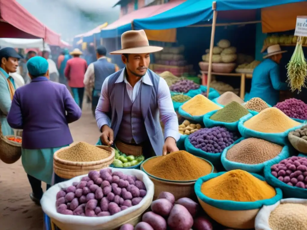 Mercado peruano vibrante con ingredientes coloridos, mostrando la diversidad y riqueza de la gastronomía mundial