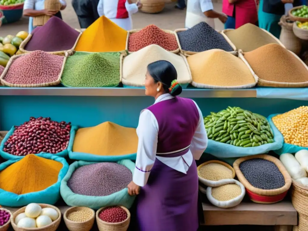 Mercado peruano vibrante con ingredientes autóctonos y chefs famosos