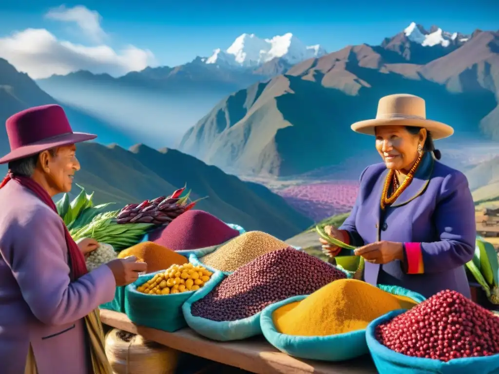 Mercado peruano vibrante con ingredientes autóctonos y majestuosos Andes de fondo