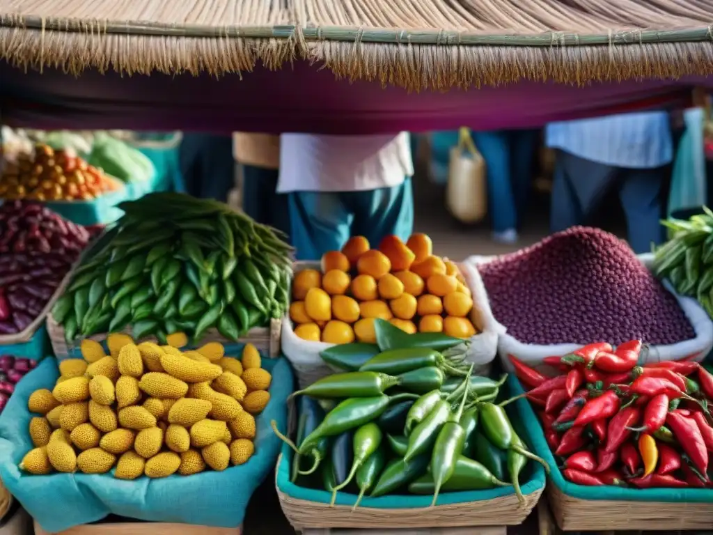 Mercado peruano vibrante con ingredientes nativos y locales en puestos coloridos, locatarios en trajes tradicionales