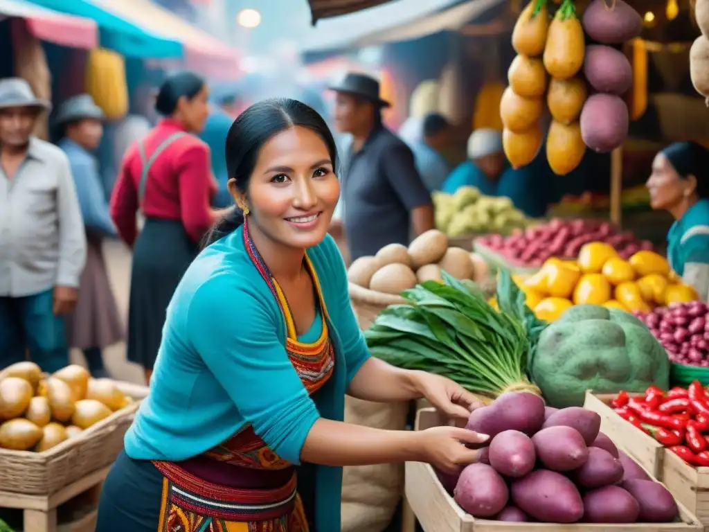 Mercado peruano vibrante con ingredientes nativos y vendedores apasionados en trajes típicos, fusionando tradición y gastronomía