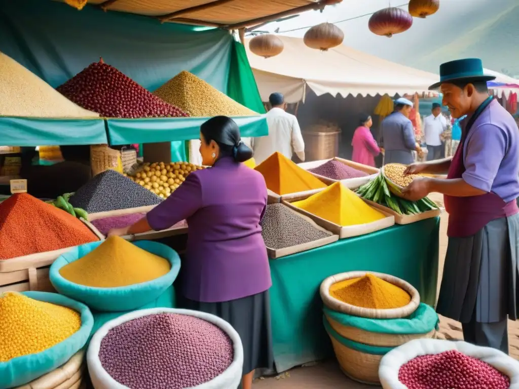 Un mercado peruano vibrante con ingredientes autóctonos como maíz morado, quinua, ají amarillo y fruta de lúcuma