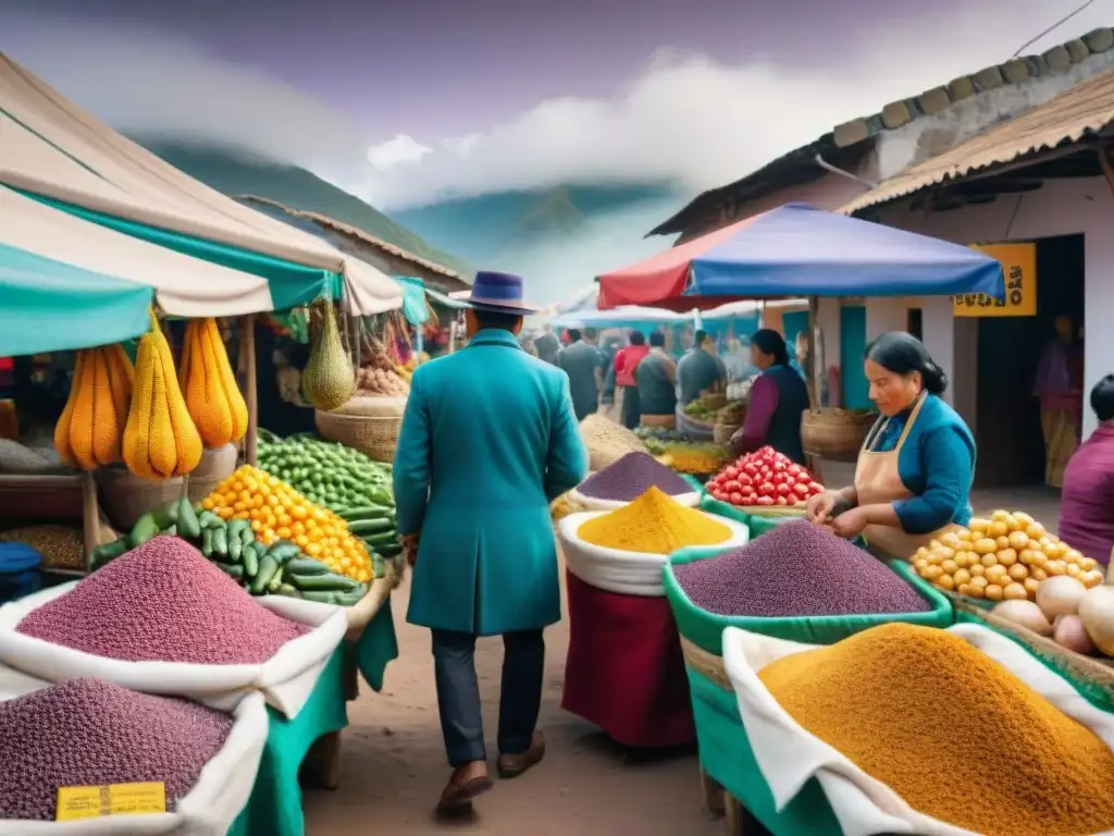 Mercado peruano vibrante con ingredientes autóctonos y colores vivos