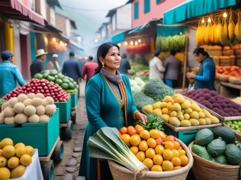 Mercado peruano vibrante con ingredientes autóctonos, reflejando la riqueza de la gastronomía peruana