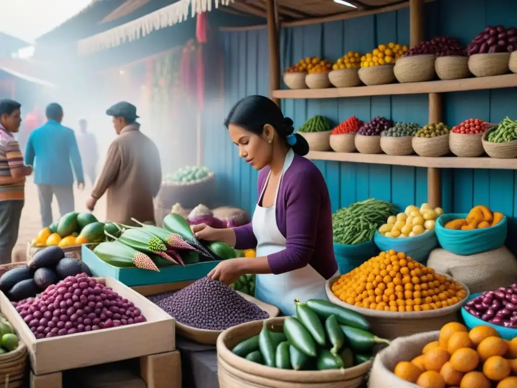 Mercado peruano vibrante con ingredientes autóctonos coloridos como maíz morado, fruta lucuma y ajíes