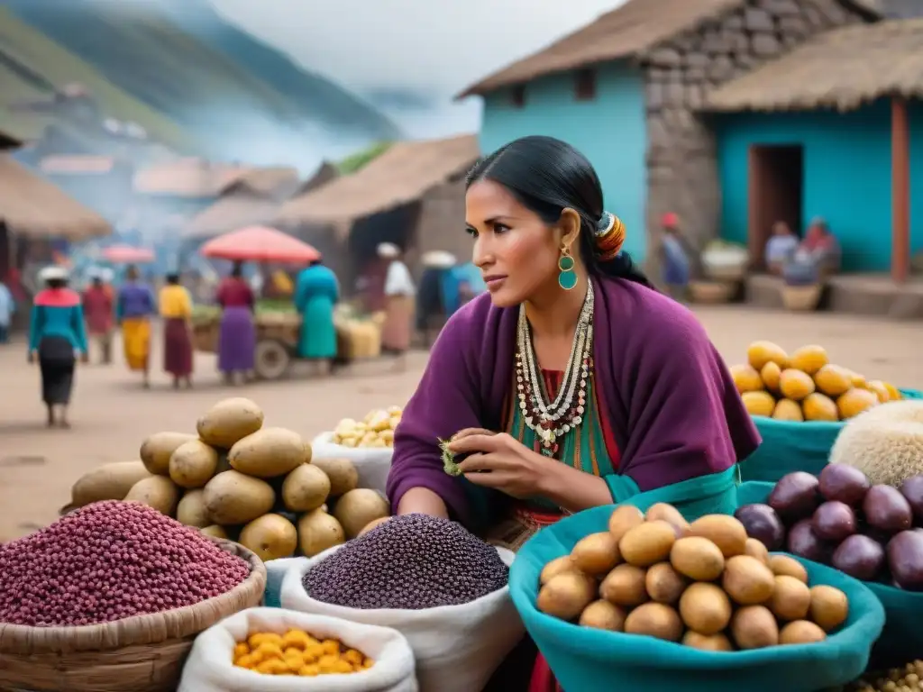 Mercado peruano vibrante con ingredientes autóctonos y vendedores locales, fusionando historia e innovación gastronómica