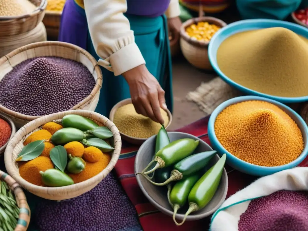 Un mercado peruano vibrante con ingredientes autóctonos y vendedores tradicionales