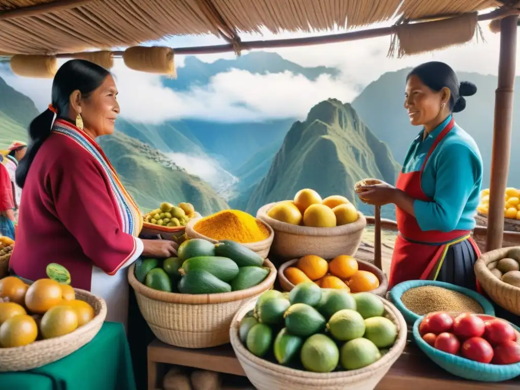 Mercado peruano vibrante con ingredientes autóctonos, impacto en sociedad y coloridas vestimentas