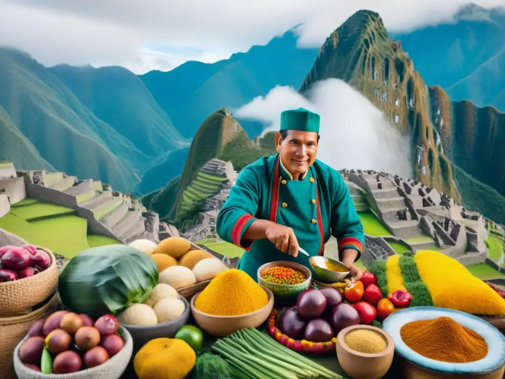 Un mercado peruano vibrante con ingredientes coloridos, locales en intercambios animados y un chef creando platos peruanos innovadores con sostenibilidad, bajo la majestuosidad de los Andes