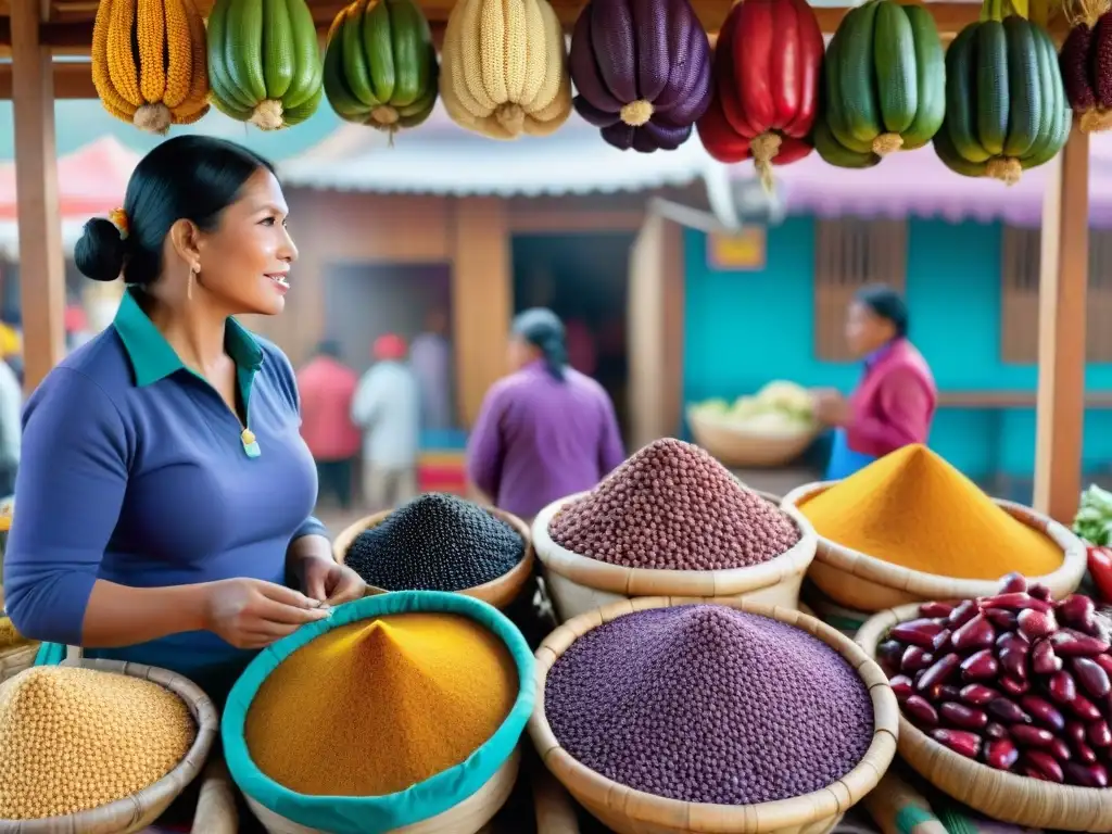 Un mercado peruano vibrante con ingredientes autóctonos y vendedores locales en trajes tradicionales