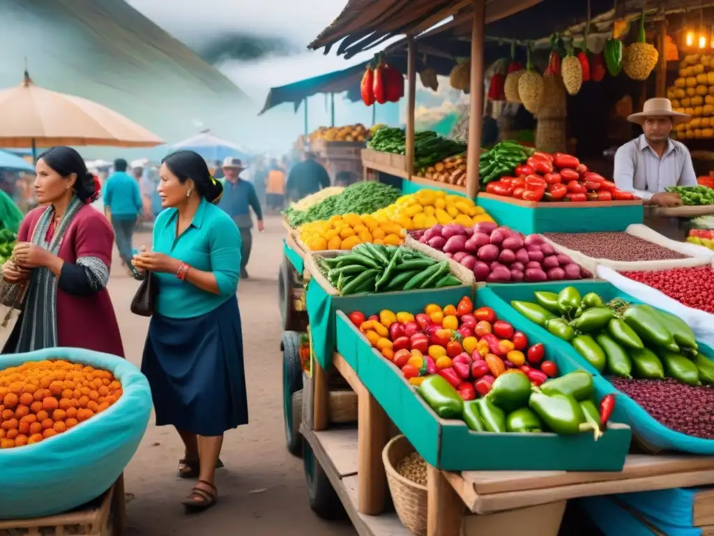 Mercado peruano vibrante con ingredientes frescos y colores intensos