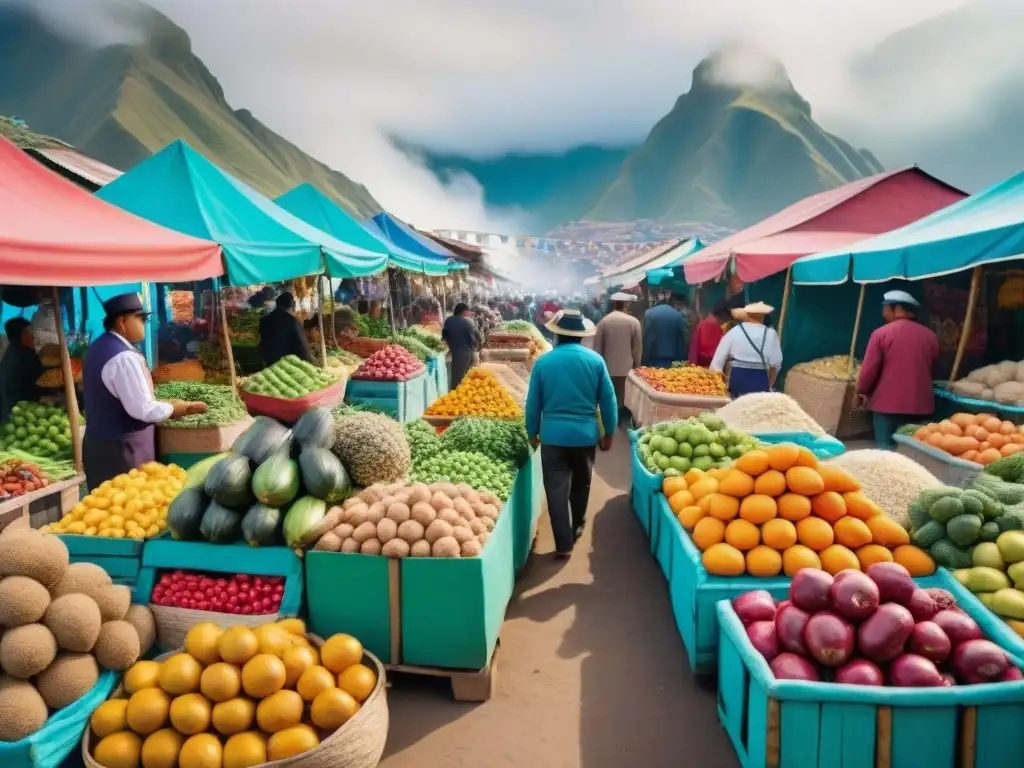 Mercado peruano: colores, sabores y tradición Un mercado peruano vibrante con ingredientes frescos y coloridos, mostrando la riqueza cultural y la autenticidad de la gastronomía peruana