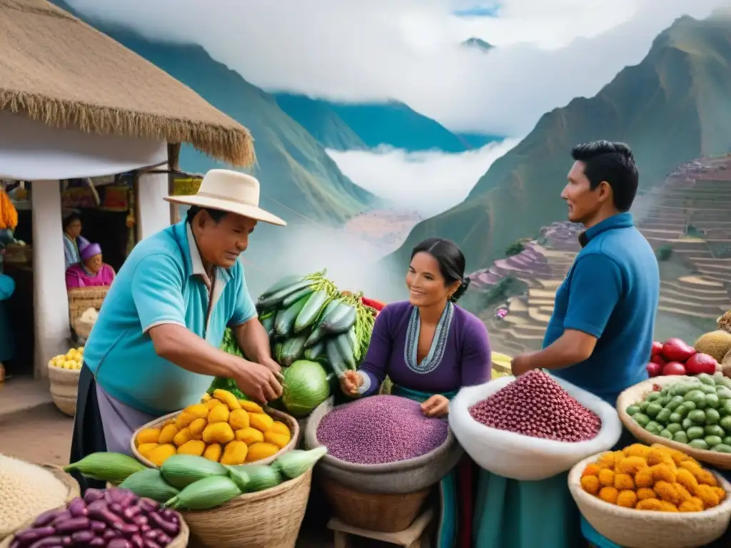 Mercado peruano vibrante con ingredientes autóctonos y colores intensos, reflejando la diversidad de la gastronomía peruana