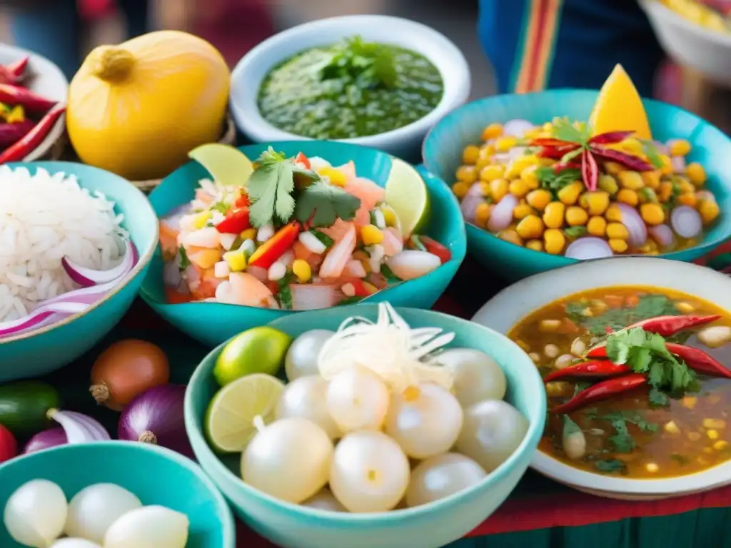 Mercado peruano vibrante con ingredientes frescos para ceviche