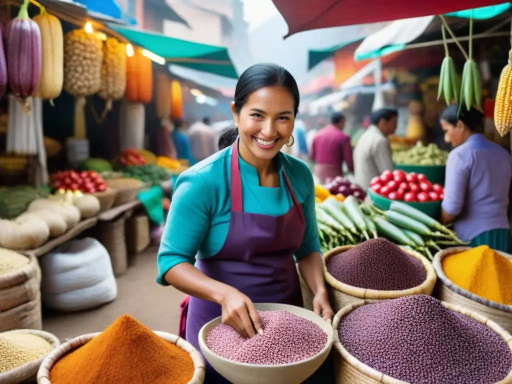 Mercado peruano vibrante con ingredientes autóctonos y fusiones culinarias