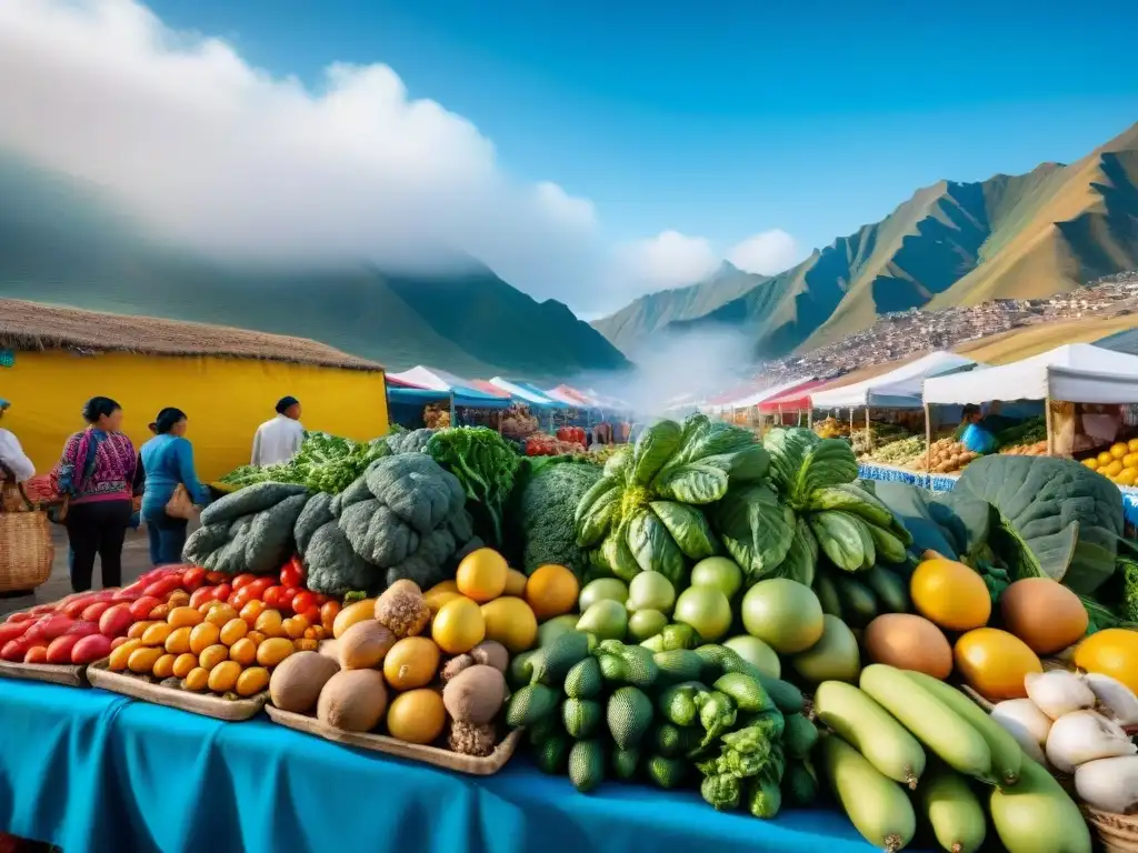 Mercado peruano vibrante con ingredientes autóctonos y agricultura sostenible bajo cielo azul claro