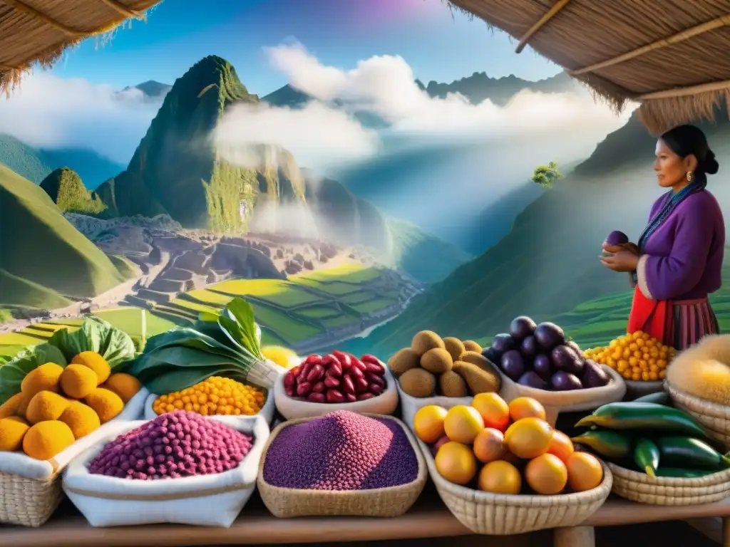 Mercado peruano vibrante con ingredientes autóctonos, colores y montañas de fondo