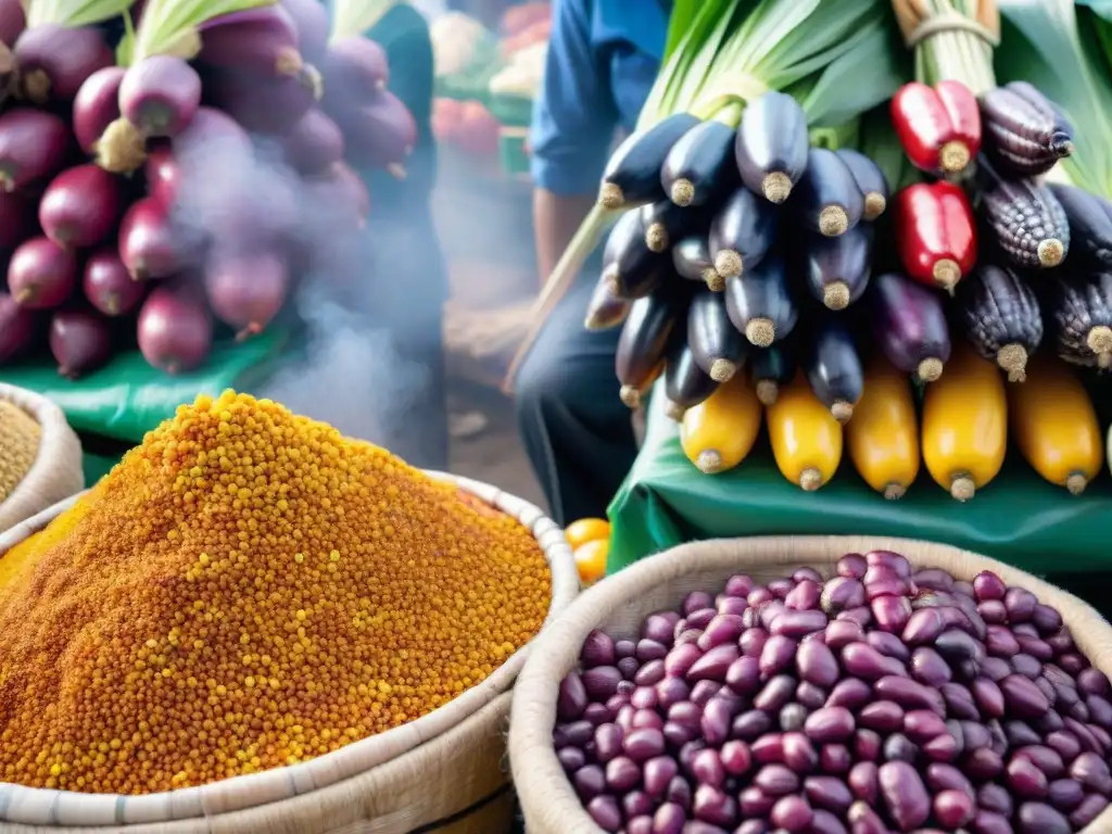 Mercado peruano vibrante con ingredientes frescos y coloridos