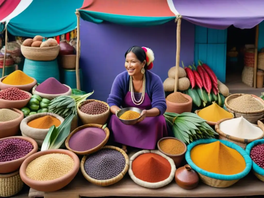 Mercado peruano vibrante con ingredientes autóctonos en casa: Recetas peruanas innovadoras en casa