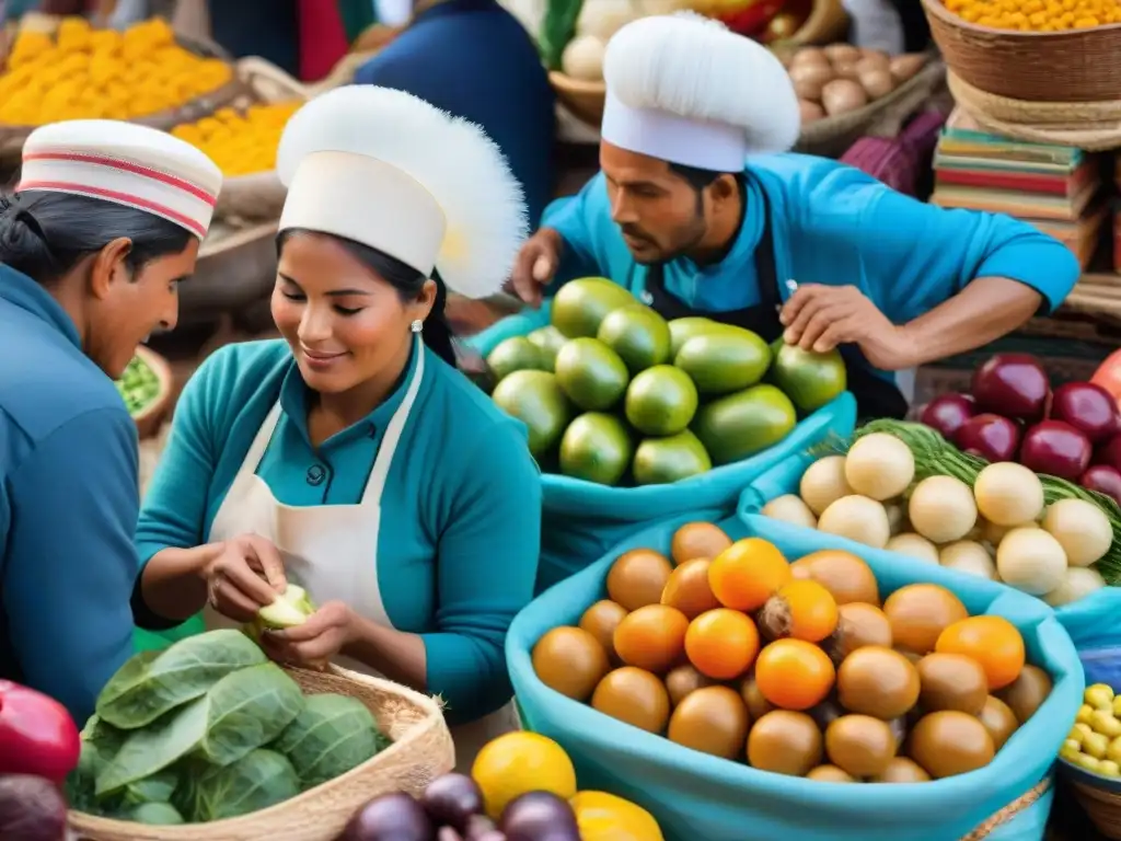 Mercado peruano: colores, sabores y tradición Un mercado peruano vibrante con libros de gastronomía y celebraciones culinarias