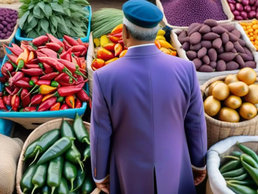 Mercado peruano: colores, sabores y cultura andina Un mercado peruano vibrante lleno de ingredientes coloridos y locales, ideal para crear salsas peruanas innovadoras