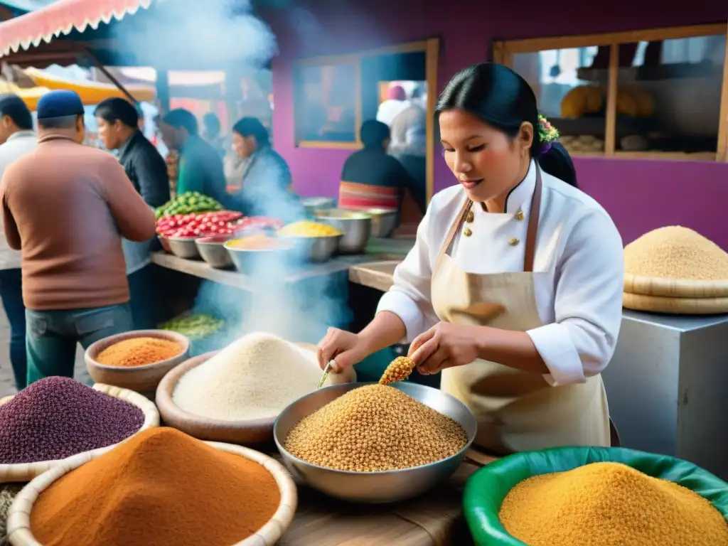 Un mercado peruano vibrante, lleno de colores y sabores exóticos, reflejando la cultura culinaria peruana revistas gastronomía