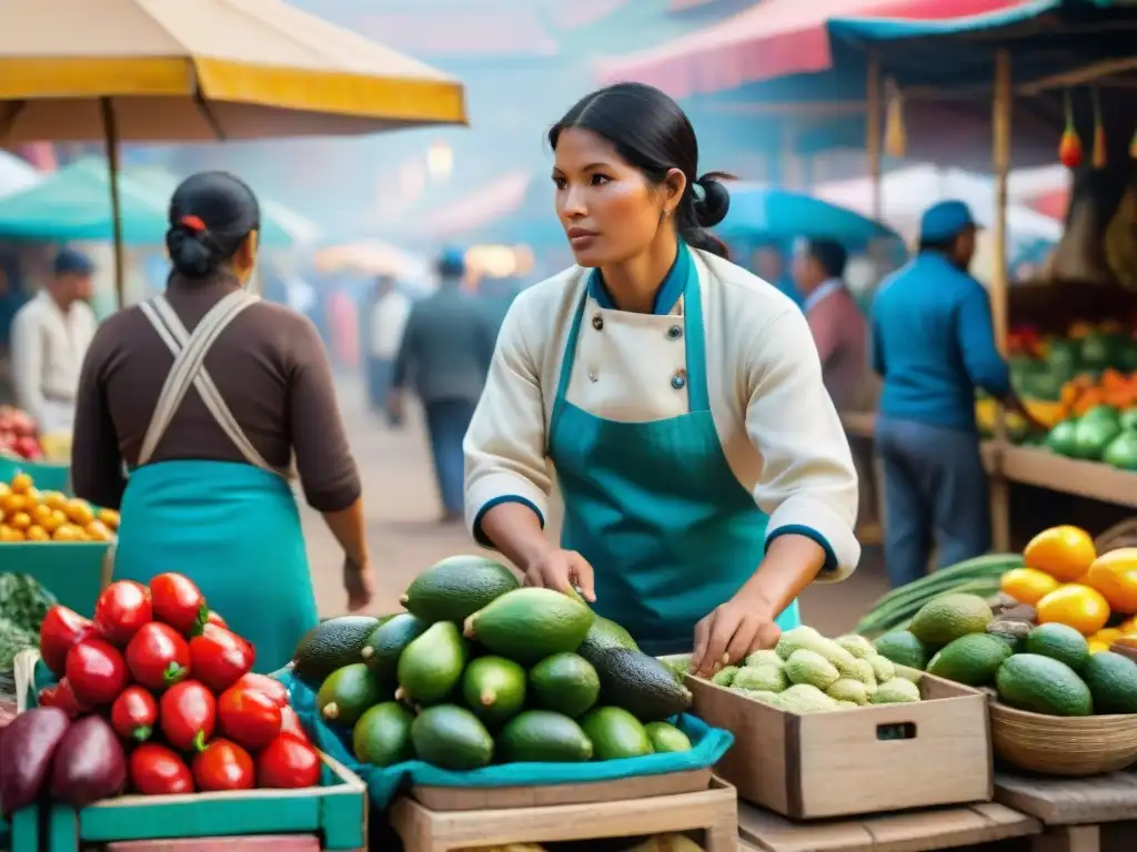 Un mercado peruano vibrante lleno de colores y sabores, con vendedores y una chef seleccionando ingredientes para platos peruanos