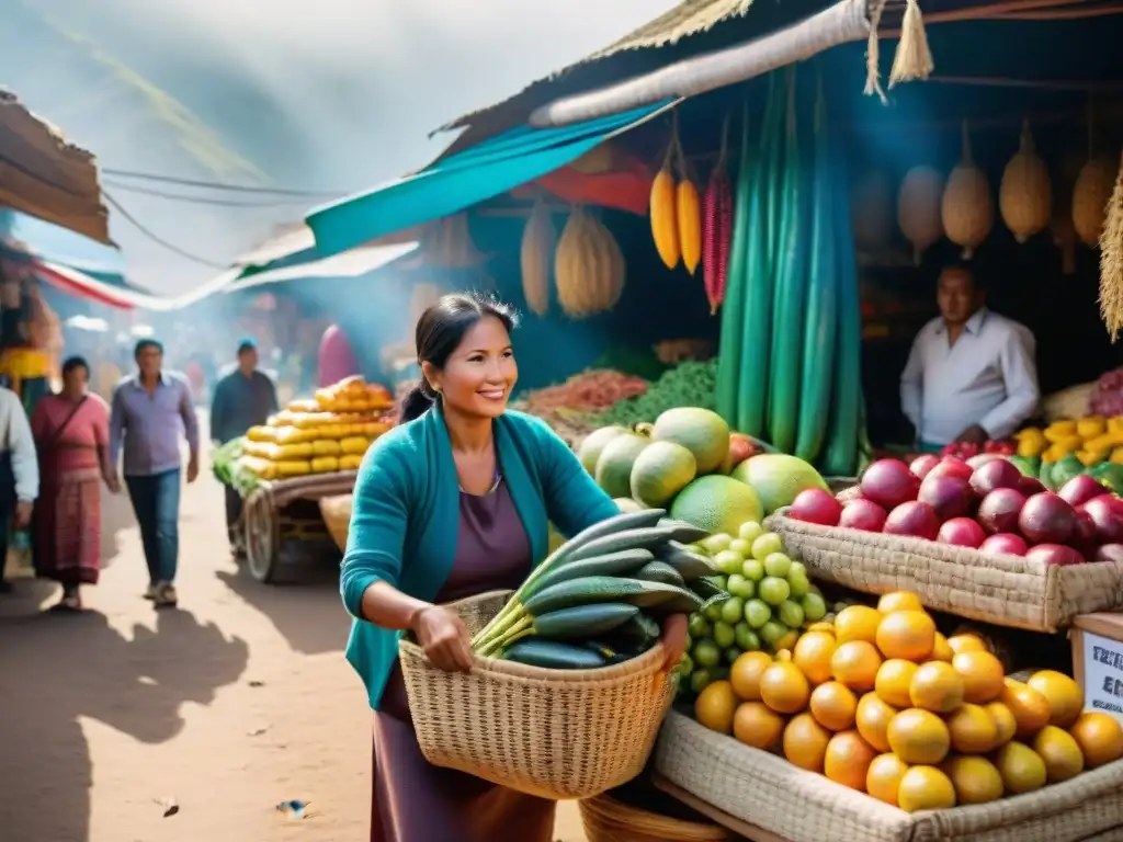 Un mercado peruano vibrante lleno de frutas y verduras coloridas, con locales en trajes tradicionales