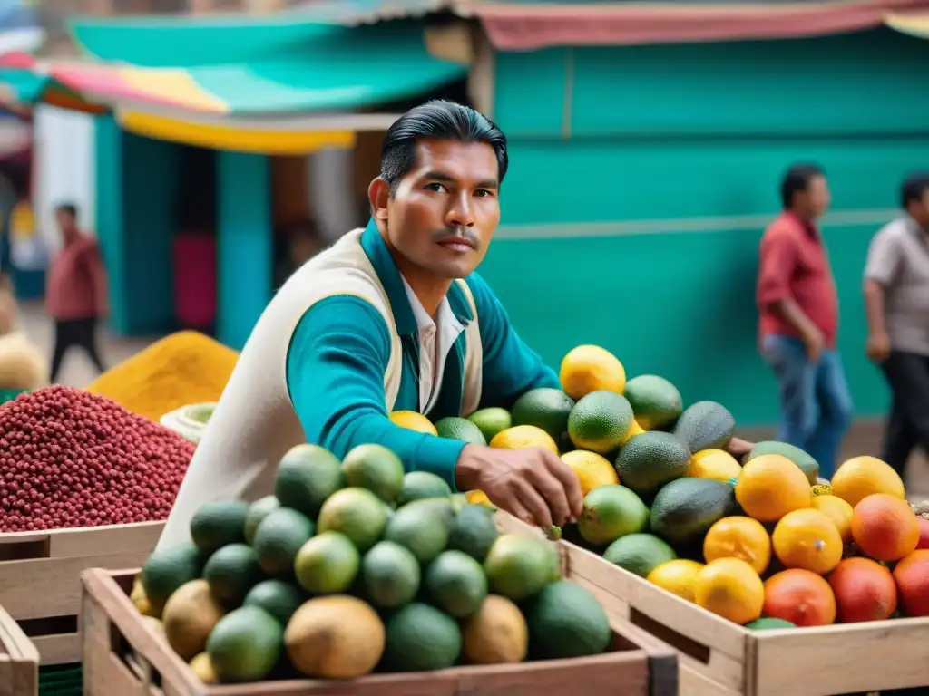 Un mercado peruano vibrante lleno de chirimoyas coloridas y vendedores entusiastas