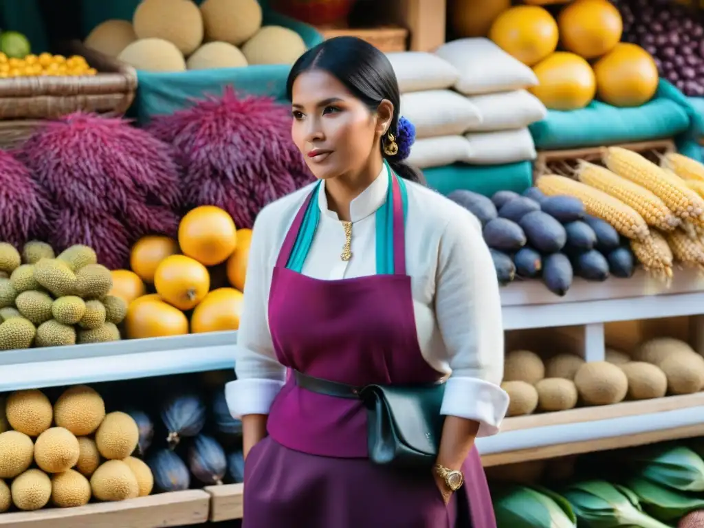 Un mercado peruano vibrante lleno de coloridos puestos con frutas exóticas y ingredientes autóctonos como maíz morado, quinua y lúcuma