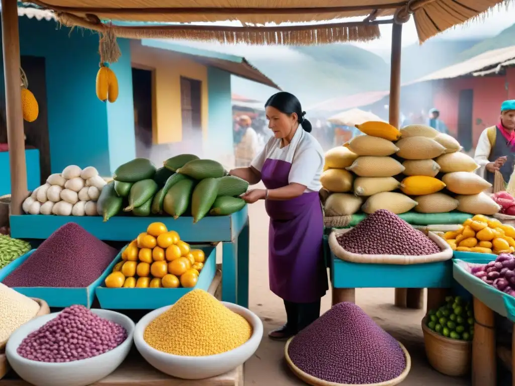 Un mercado peruano vibrante, lleno de colores y sabores autóctonos, donde se mezcla la gastronomía peruana con ingredientes locales