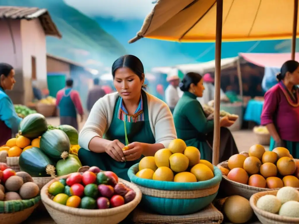 Mercado peruano: colores, sabores y cultura andina Un mercado peruano vibrante y lleno de color, reflejo de la identidad culinaria peruana en instalaciones artísticas