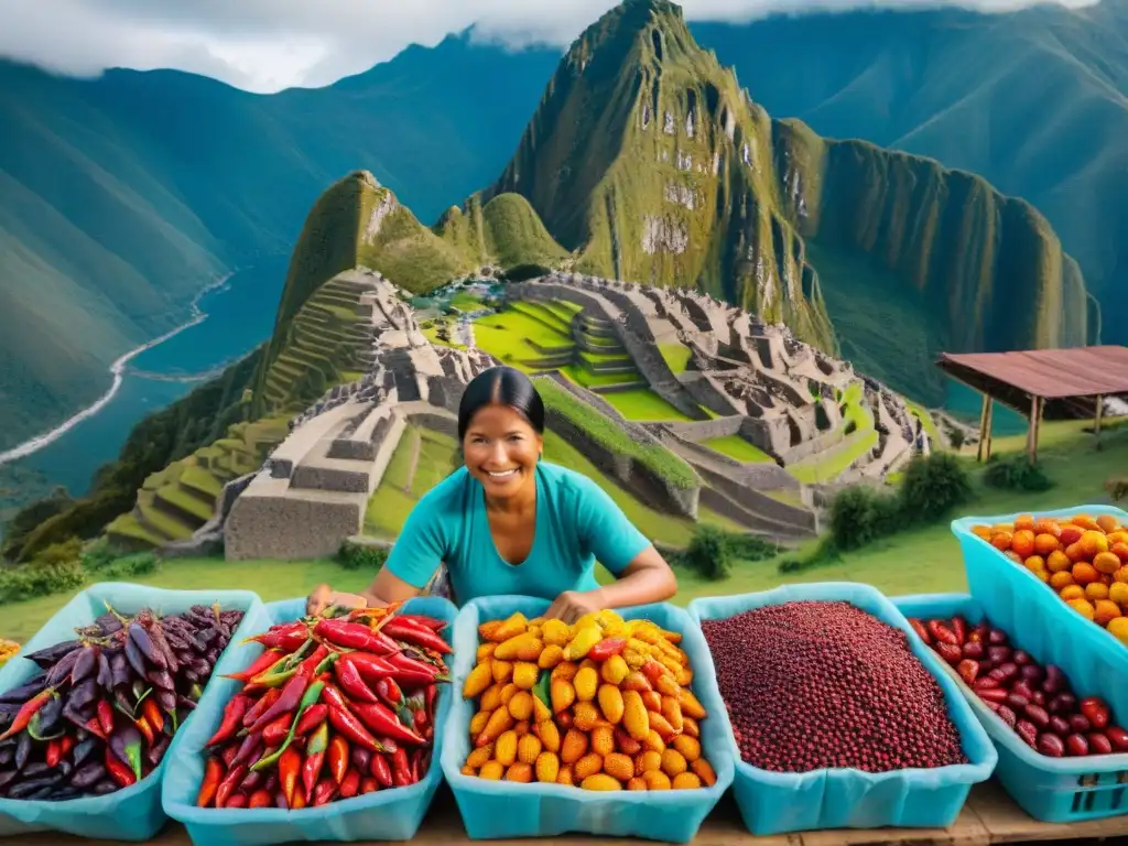 Colorido mercado peruano: diversidad de ajíes y potencial económico Un mercado peruano vibrante, lleno de ajíes coloridos, muestra la diversidad y los beneficios económicos del ají peruano