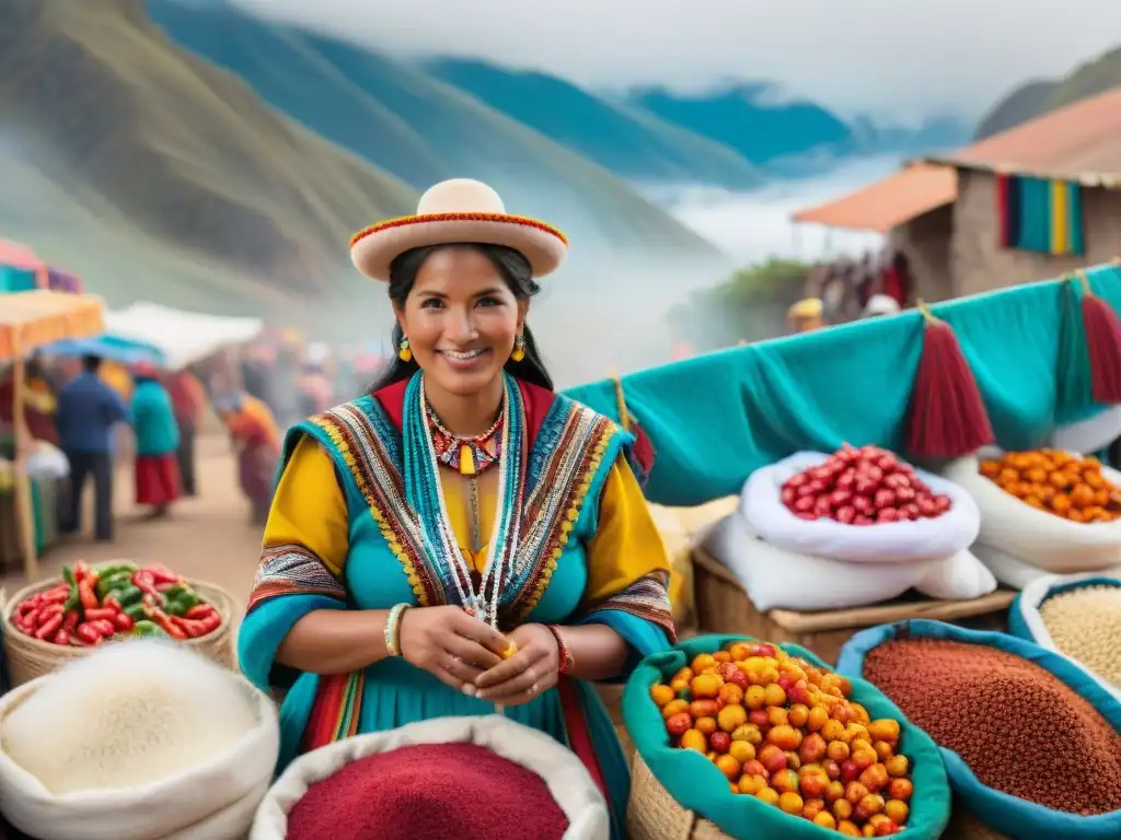 Un mercado peruano vibrante lleno de coloridos ajíes y platos tradicionales