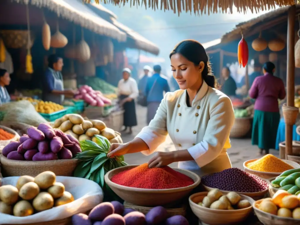 Un mercado peruano vibrante lleno de colores y sabores, donde mujeres locales intercambian productos y un chef elige ingredientes