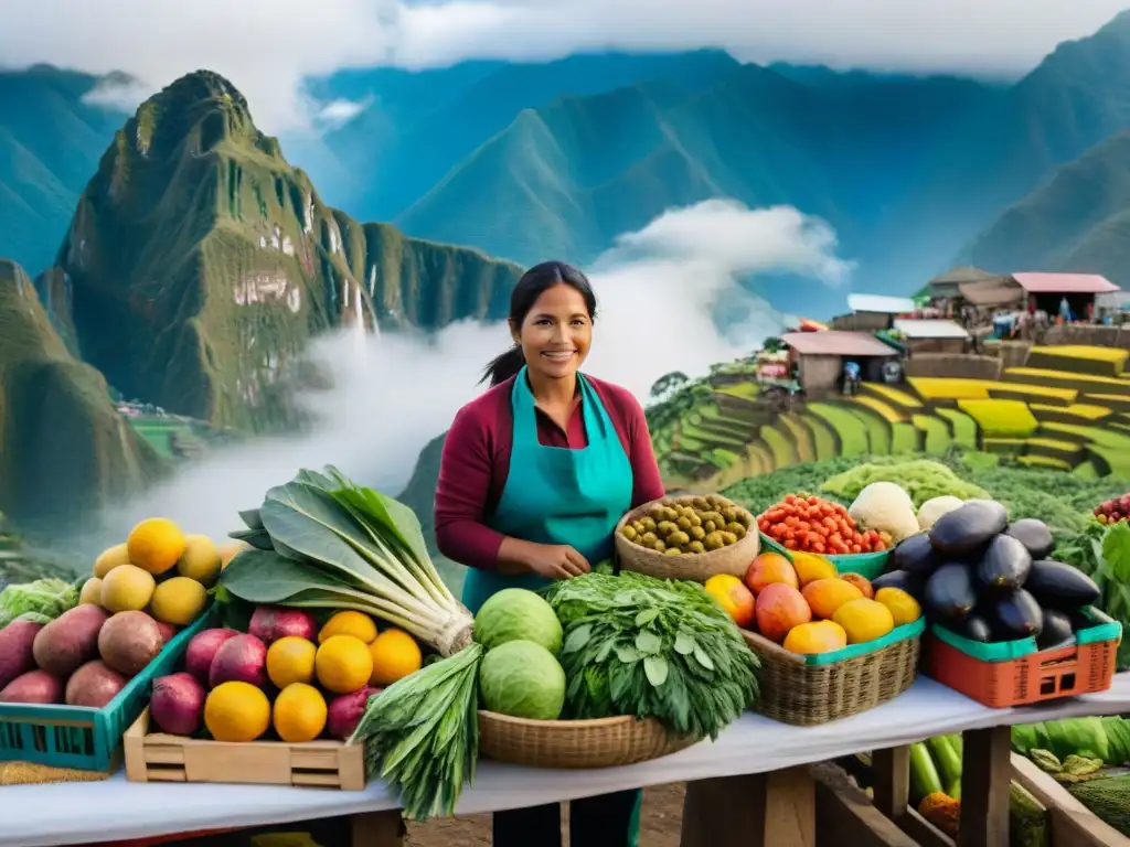 Un mercado peruano vibrante lleno de frutas, verduras y hierbas exóticas