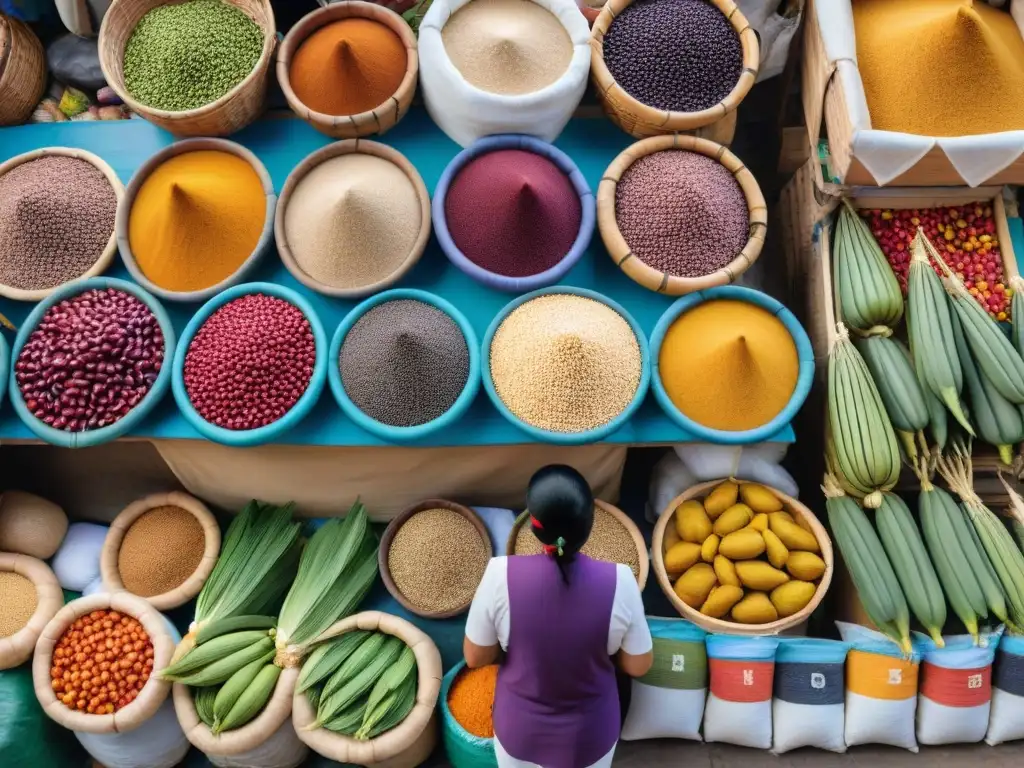 Un mercado peruano vibrante lleno de ingredientes autóctonos y colorida gastronomía peruana