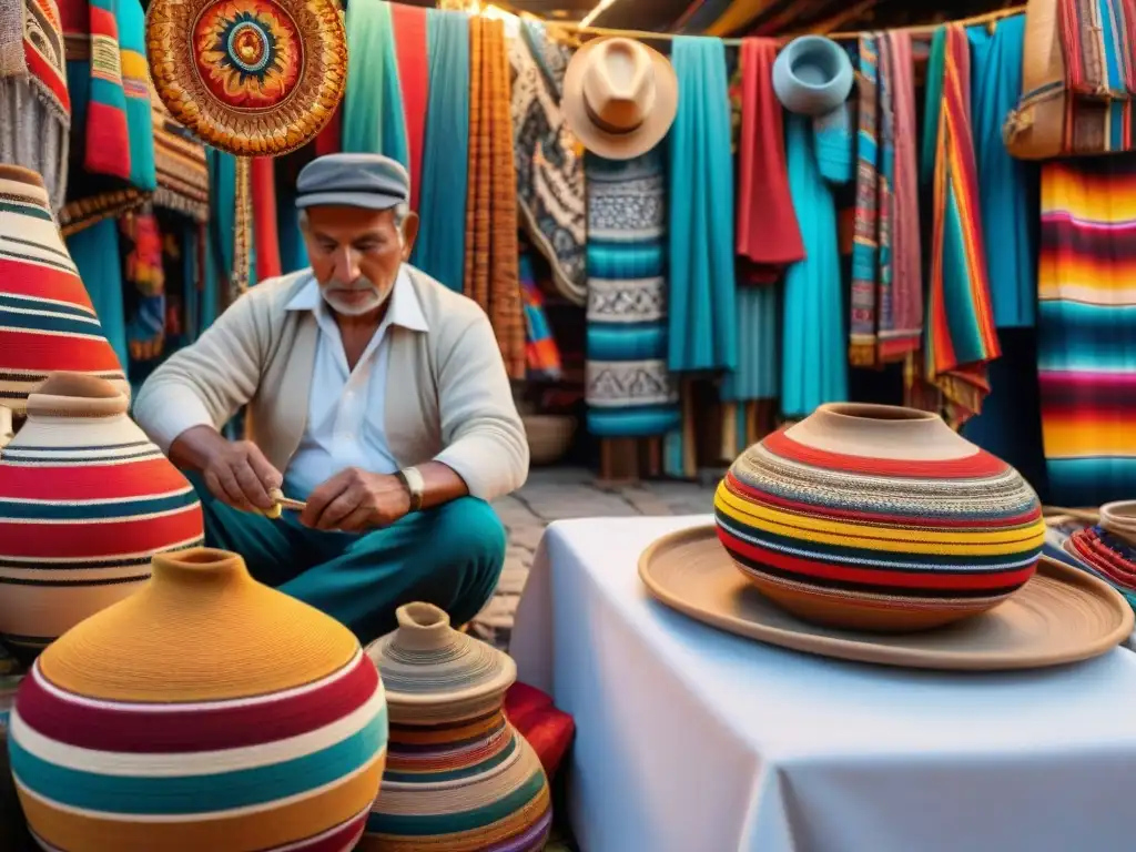 Un mercado peruano vibrante lleno de textiles, cerámica y arte colorido