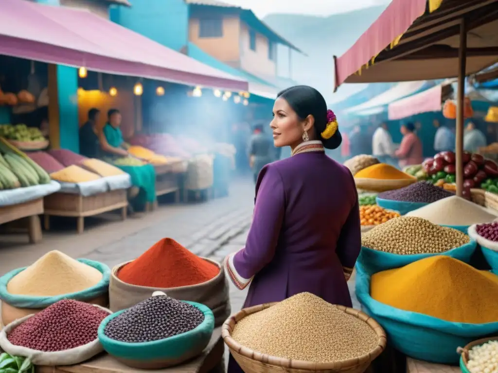 Un mercado peruano vibrante con la gastronomía peruana y sus ingredientes autóctonos en coloridos puestos