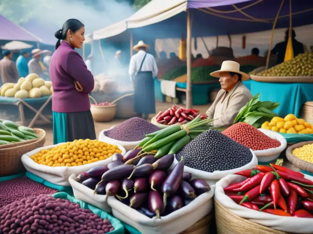 Un mercado peruano vibrante con productos frescos, textiles tradicionales y luz cálida