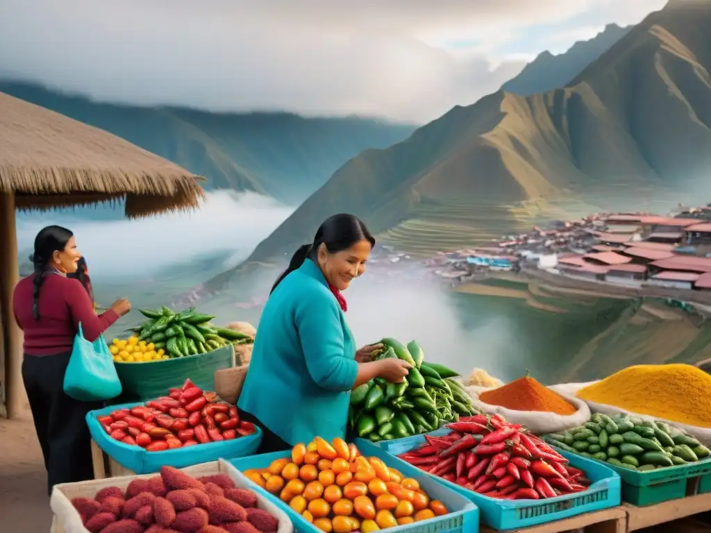 Mercado peruano: impacto económico del ají en los agricultores Un mercado peruano vibrante con productos de ají, destacando los beneficios económicos del ají peruano