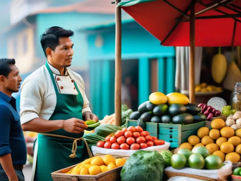 Un mercado peruano vibrante con productos frescos y coloridos