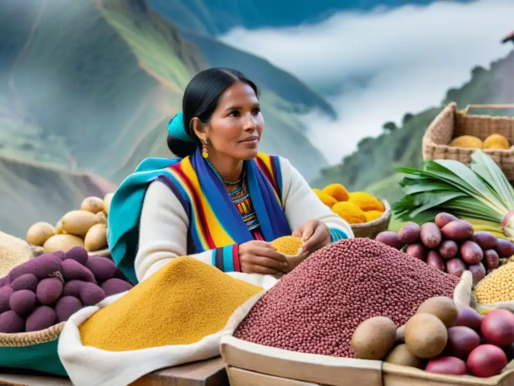 Mercado peruano vibrante con productos frescos y coloridos, agricultores locales y mujeres indígenas en trajes típicos