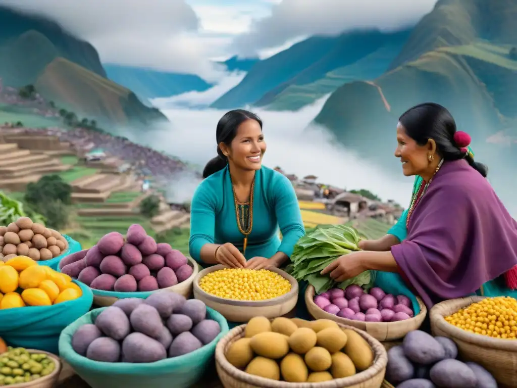 Un mercado peruano vibrante con productos frescos y coloridos, rodeado de montañas Andinas