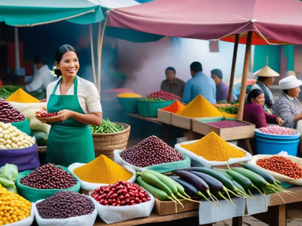 Mercado peruano vibrante con puestos de productos frescos y una mujer preparando ceviche, reflejando la cocina peruana influencers redes sociales