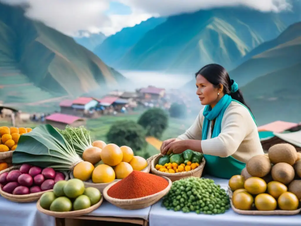 Mercado peruano vibrante con puestos coloridos de frutas, verduras y especias