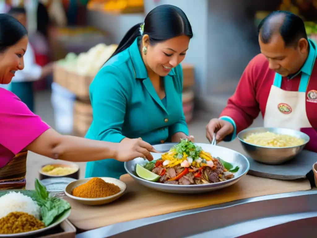 Un mercado peruano vibrante muestra la riqueza cultural de la comida peruana con platos coloridos en cerámica tradicional