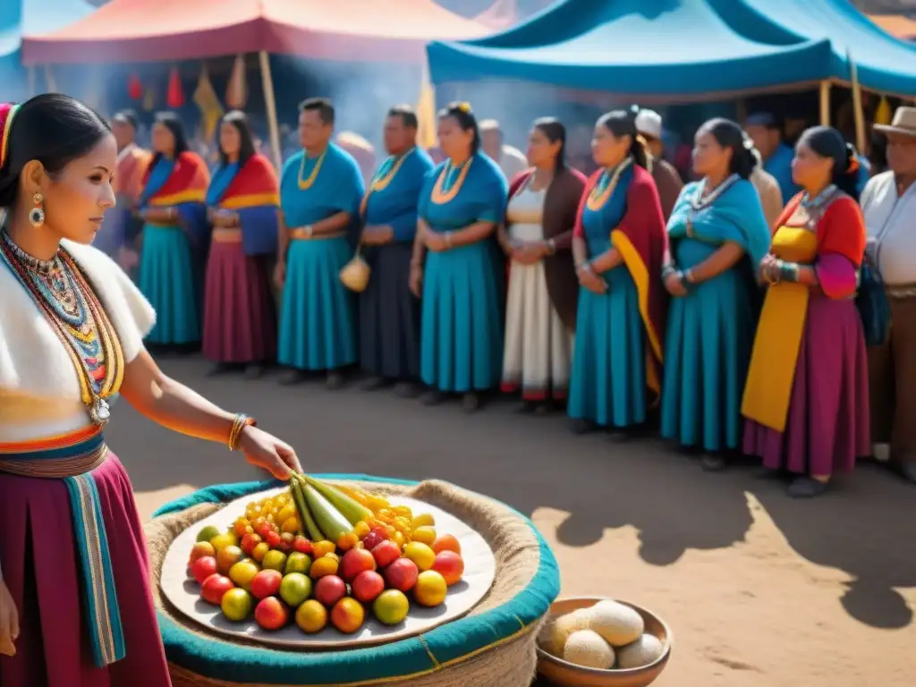 Un mercado peruano vibrante durante el ritual gastronómico Inti Raymi Perú, con coloridos puestos y una mujer Quechua preparando alimentos