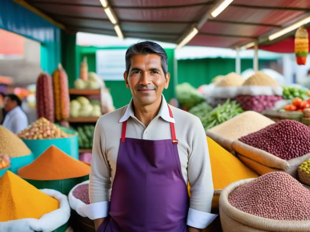 Virgilio Martínez en mercado peruano vibrante, rodeado de ingredientes autóctonos